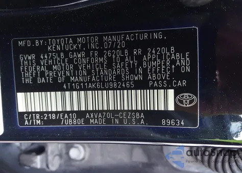 2020 Toyota Camry Se z USA, uszkodzony, nr VIN 4T1G11AK6LU982465